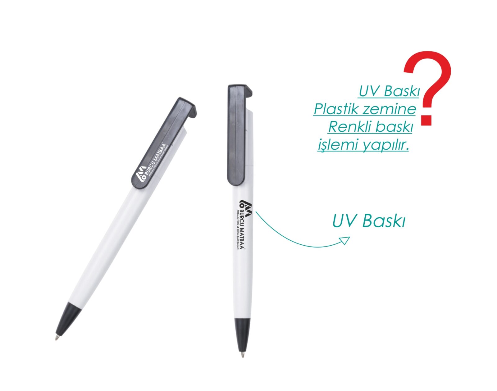 Beyaz Gemini Tükenmez Kalem – Telefon tutuculu, basmalı