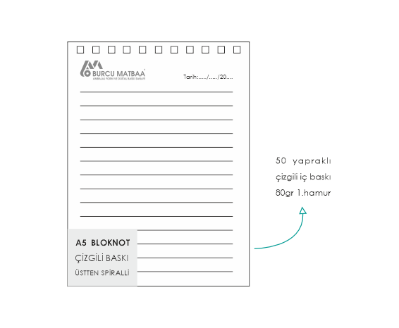 A5 çizgili spiralli bloknot örneği