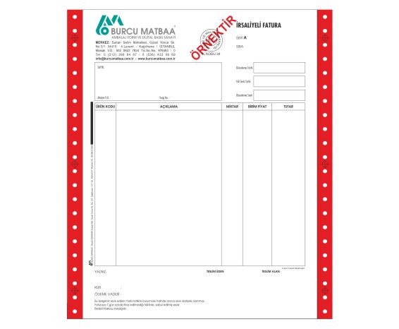 11x24 sürekli form irsaliyeli fatura baskı örneği – üç nüsha