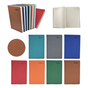 2026 yılına özel ajanda koleksiyonu; farklı renk ve kapak dokularıyla iç sayfa örneği